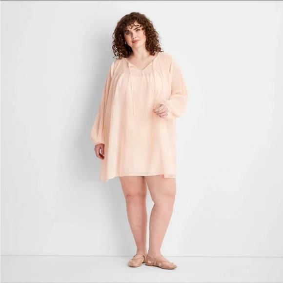 fitted lace wedding dress Berylove Women Tight Mini Dress Light Pink Long Sleeve Ruffled High Neck Tea Party Dress, Light Pink / 2XL main image 0